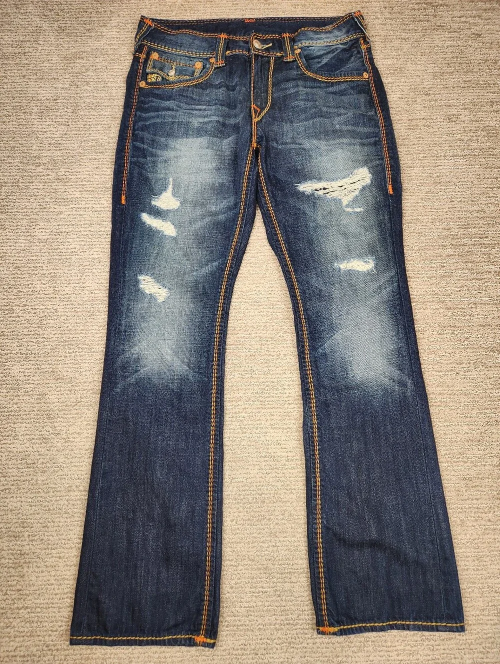 True Religion Mega t Straight Jeans Mens 32x34 Brown Thick Stitch Flap Pocket